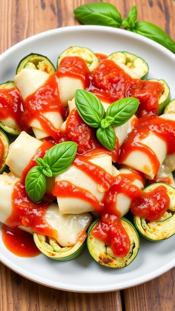 Stuffed zucchini roll-ups with cheese filling, topped with marinara sauce and basil on a rustic plate.